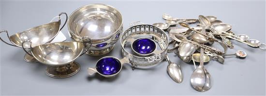 A mixed group of assorted silver including flatware, a sugar bowl and two pairs of salts, including Chester, 1897.